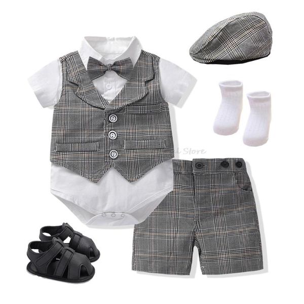 

clothing sets 6pcs/set baby boy cotton plaid romper+shorts+cap+socks+shoes+bow tie infant born boys clothes outfits, White