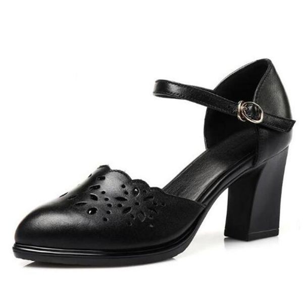 

full genuine leather shoes high heel sandals summer women pointed hollow fashion plus size dress, Black