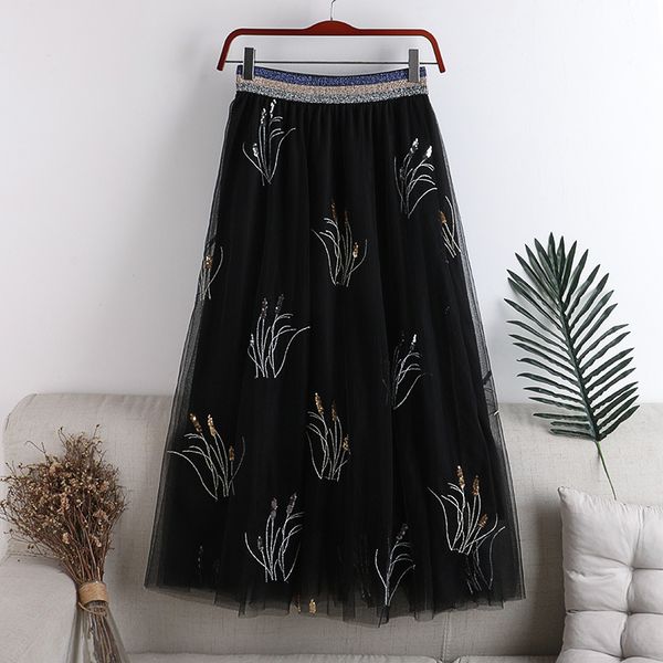 

skirts spring sequins embroidered a-line layered tulle maxi long skirts, Black