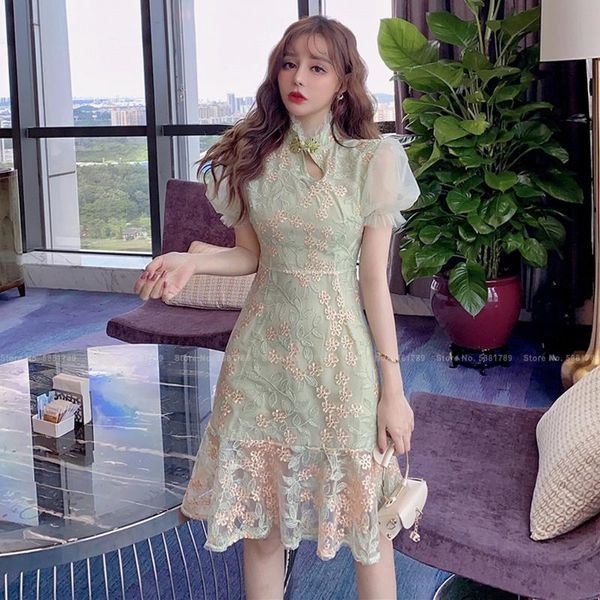 

ethnic clothing korean style women princess lace elegant evening midi dress fashion retro cheongsam slim qipao club party vintage vesti, Red