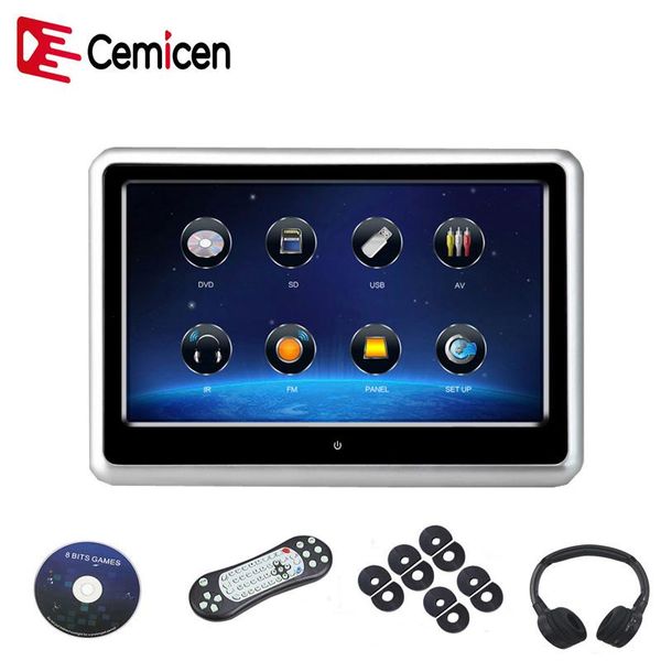 

car video cemicen 9 inch headrest monitor hd 1080p dvd player touch screen with usb/sd/ir/fm transmitter/speaker/wireless game