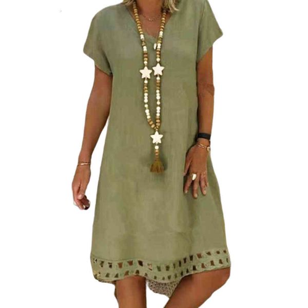 

dressed in cotton linen summer sukienka short sleeve solid club party plus size xl 5xl casual v neck dress robe 2021, Black;gray