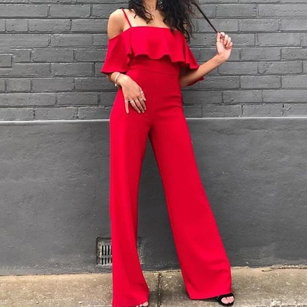 

women's swimwear women spaghetti straps jumpsuits falbala ruffles red white black wide leg pants jumpsuit romper