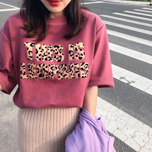 

women's t-shirt cotton ground short sleeve girl student loose leopard print, White