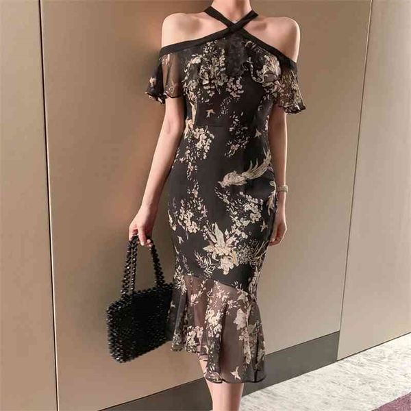 

summer women's off-the-shoulder hanging neck ruffled print slim slimming fishtail dress office lady 210416, Black;gray