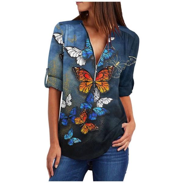 

women's t-shirt womens' butterfly print tshirt casual long sleeve v neck cuffed pleated zip up shirts camisetas verano mujer 2021 #, White