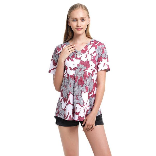 

women's t-shirt 2021 fashion mid-length ladies printed front collar button european american v-neck short-sleeved loose t-shirts, White