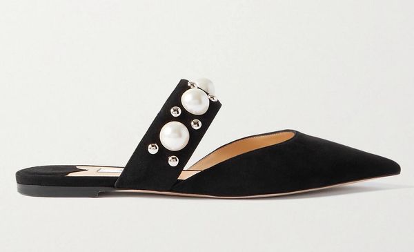 

women sandal shoes pumps pointed-toe pump in black basette embellished suede patent leather flats pearls flat heel female wedding