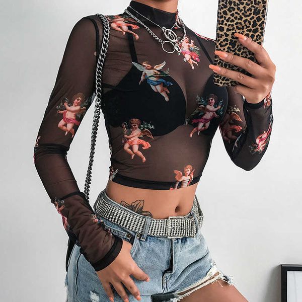 

women t shirt see through transparent mesh long sleeve sheer slim ladies turtleneck t-shirt arrival women tshirt 210527, White