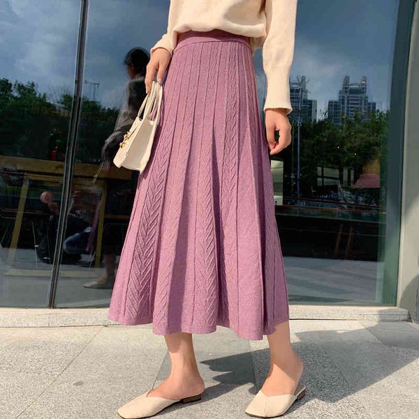 

casual dresses winter cashmere blend a-line metallic long knitted skirts swing korean style herringbone knit calf pink apricot 69v, Black;gray