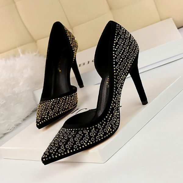 

dress shoes 188-5 fashion thin suede high heel pointed side, hollow metal rivet, water drill nude, Black