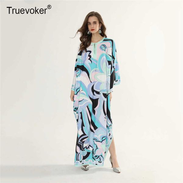 

truevoker autumn runway dres's batwing sleeve blue geometry print knitting cotton floor-length dresses plus size 210602, Black;gray