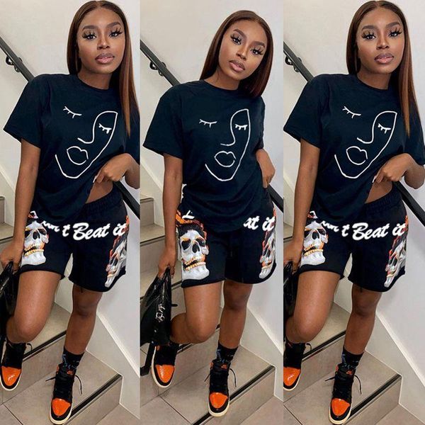 

aesthetic print 2 piece set women tracksuits button summer short sleeve t shirt biker shorts lounge wear matching, Gray