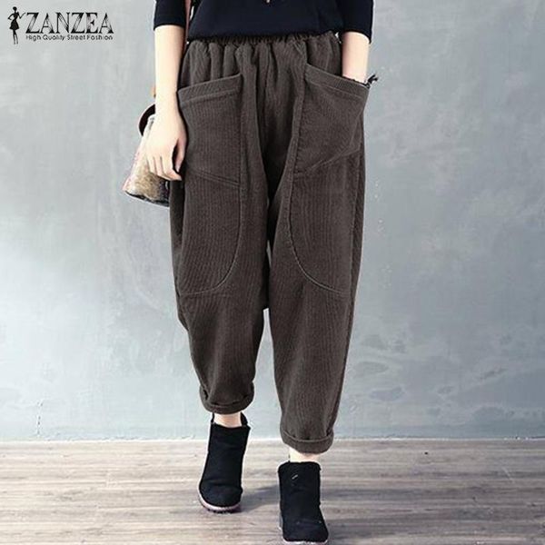 

women's pants & capris vintage harem zanzea women corduroy autumn elastic waist solid loose trousers plus size turnip pantalon palazzo, Black;white