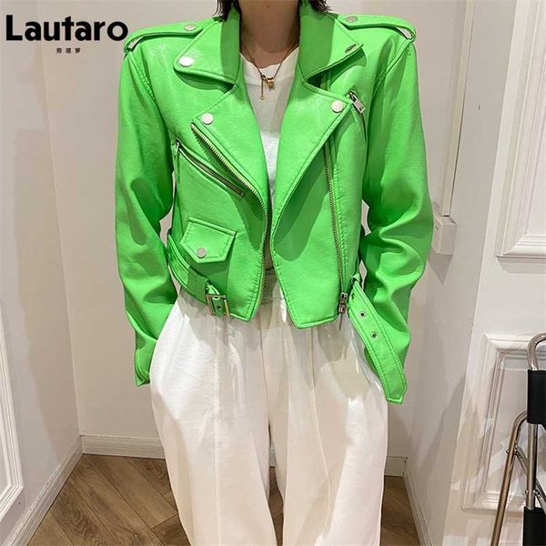 Lautaro Y2k Kurze grüne Gecko-Biker-Lederjacke, lange Ärmel, Reißverschluss, Gürtel, farbig, stilvolle Oberbekleidung für Damenmode 211110