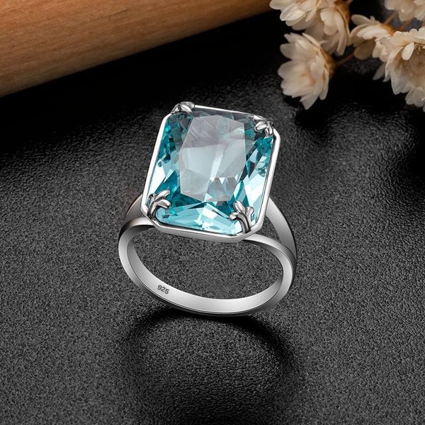 

cluster rings real sterling silver 925 ring square sky blue aquamarine fine jewelry wholesale vintage for women accessories, Golden;silver