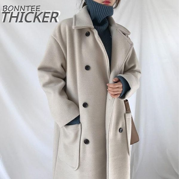 

women's wool & blends women coats thicker winter warm elegant streetwear office lady vintage double breasted simple trendy all-match ca, Black