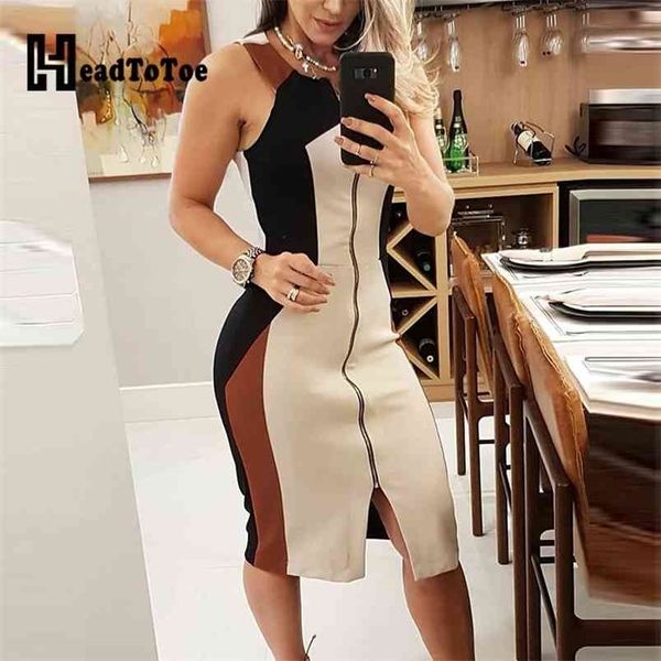 

colorblock sleeveless zipper design summer dress women casual midi weekend dress 210730, Black;gray