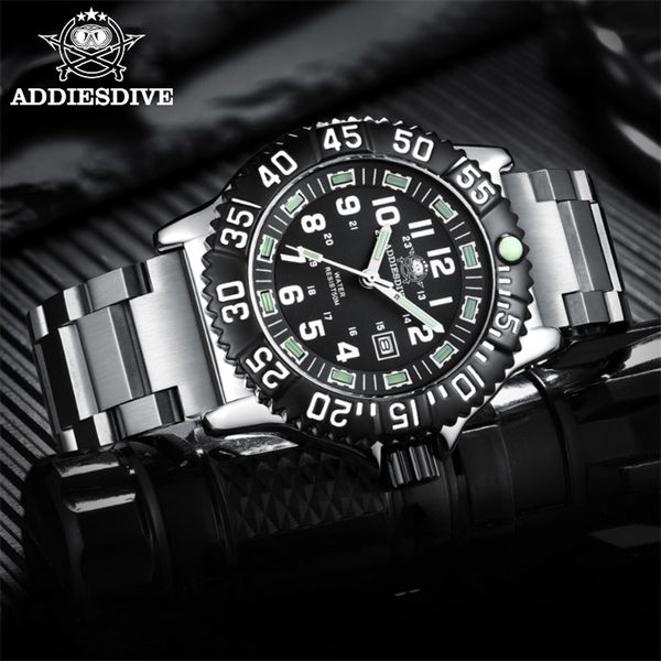 

addies dive men watch 316l stainless steel strap black dial 50m waterproof luminous hand 51mm alloy case sports 220225, Slivery;brown