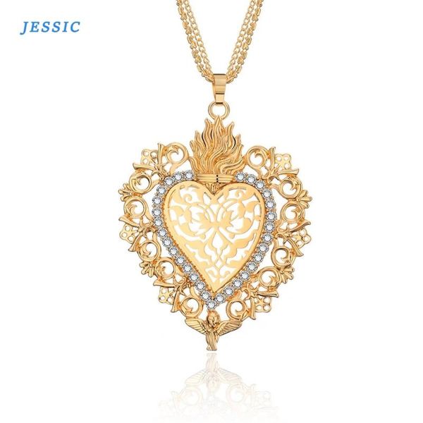 

gold flower heart angel glory pendant necklace crystal long sweater collar women vintage jewelry drop gift necklaces, Silver