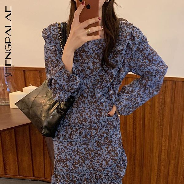 

casual dresses shengpalae floral dress women's 2021 spring korean chic french v-neck layered ruffles printed long sleeve maxi 5a795, Black;gray