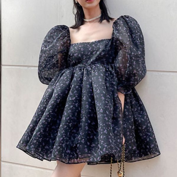 

casul dresses women's summer florl dresses, cute plce gowns with squre collr, puffy sleeve, mini dress like koren princess, d1ph, Black;gray