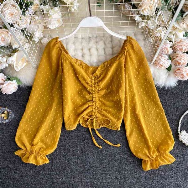 

sweet wooden ear v-neck drawstring pleated short women slim autumn fashion long sleeve chiffon blouse n467 210527, White