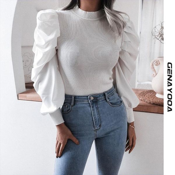 

women's blouses & shirts genayooa knitted lantern sleeve blouse korean style 2021 autumn spring elegant shirt women clothes harajuku, White