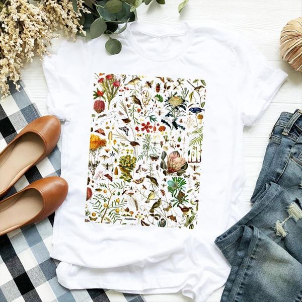 

floral bird plant print women t shirt short sleeve o neck loose ladies summer causal tee clothes, White