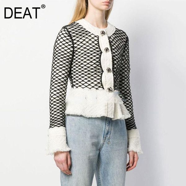 

women's knits & tees [deat] fashion o-neck callar long sleeve jacket for women mesh splicing cardigan sweater 2021 spring and autumn gx, White