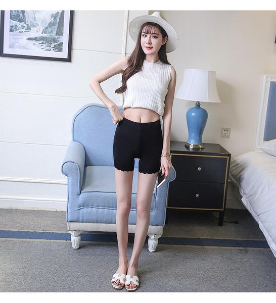 

women's leggings ice silk seamless anti empty bottoming safety pants ruffled three point plus size summer thin, Black