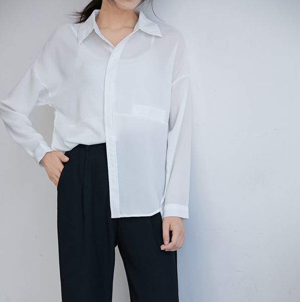 

women's blouses & shirts stylish long sleeve chiffon for women casual loose femme turndown collar female shirt blouse 8q87, White