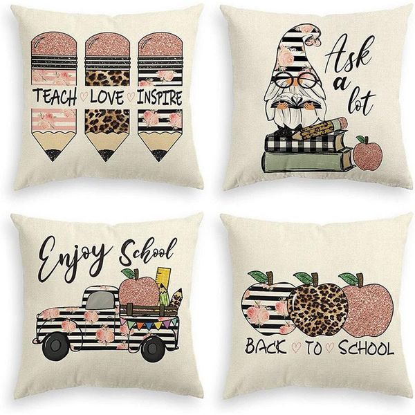 

pillow case back to school pencil book gnome truck apple throw covers, 18x18 pillows cushion for sofa couch set of 4