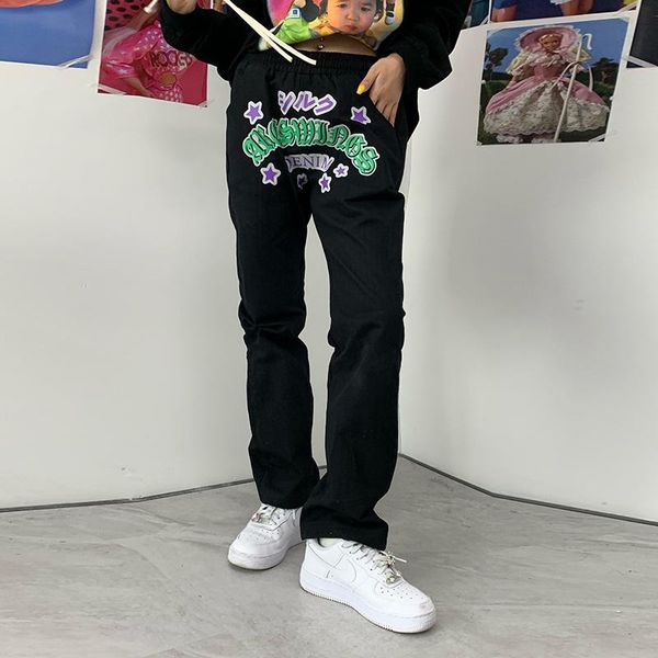 

men's pants harajuku graffiti retro patchwork streetwear mens casual trousers drawstring baggy hip hop oversize couple track, Black
