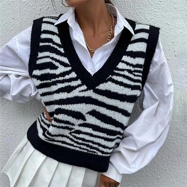 

women's vests autumn 2021 women's clothing sleeveless knitted sweater vest korean fashion zebra pattern v-neck warm, Black;white