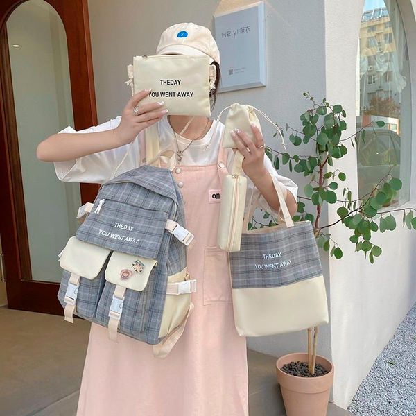 

school bags 5-piece set fashion women's backpack plaid style bag for girls oxford cloth large capacity with many pockets