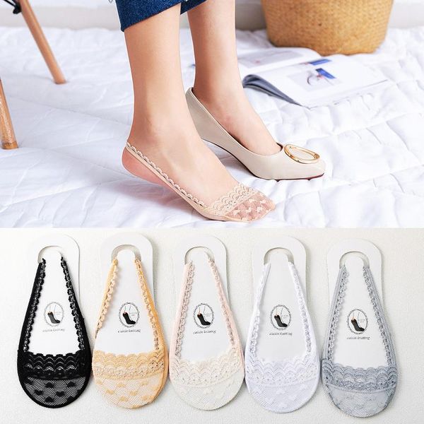 

socks & hosiery 1 pair slingback toe women's soft flower lace side summer breathable cotton high heels female low boat sox, Black;white