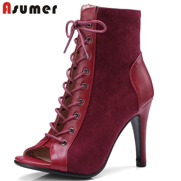 

asumer arrival women ankle boots flock +pu peep toe lace up summer boots thin high heels party shoes ladies black 211006