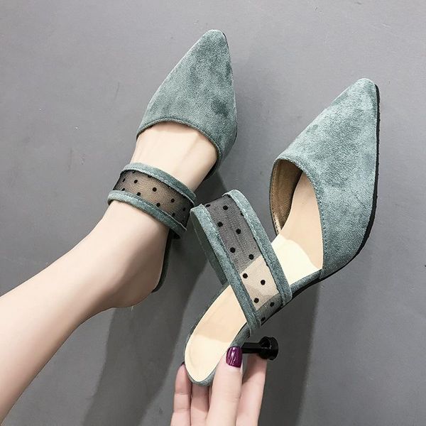 

slippers 2021 fashion high heels ladies shoes woman suede pointed toe solid flock women mules slide casual, Black