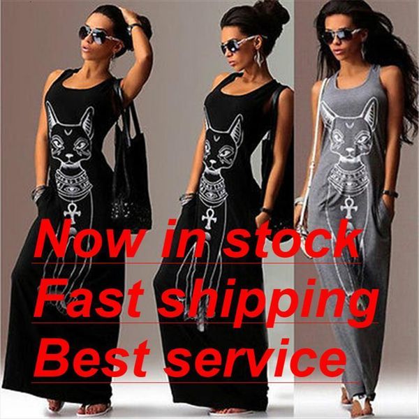 

fashion summer sleeveless stretchy womens dresses slim bandage bodycon casual print o neck maxi long, Black;gray
