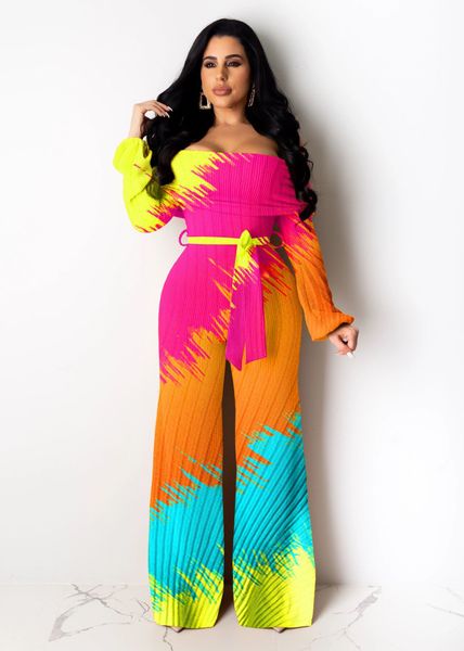 

colorful dye tie printing women jumpsuits slash neck long sleeves sash loose casual rompers fashion party pants high quality, Black;white