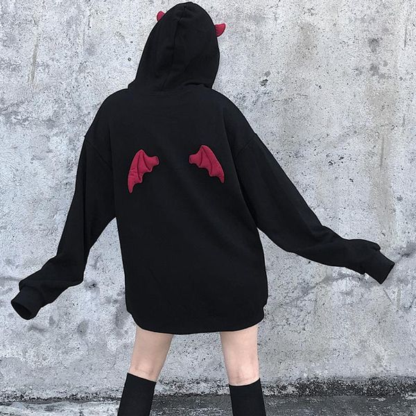 

women's hoodies & sweatshirts women high street harajuku cute punk gothic devil horn chic hooded pullover loose sweat cartoon fall spri, Black