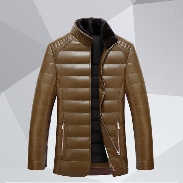 

men's leather & faux yuwaijiaren winter jacket men stand collar solid thick warm casual striped fashion slim outwear jackets1 3n7g, Black