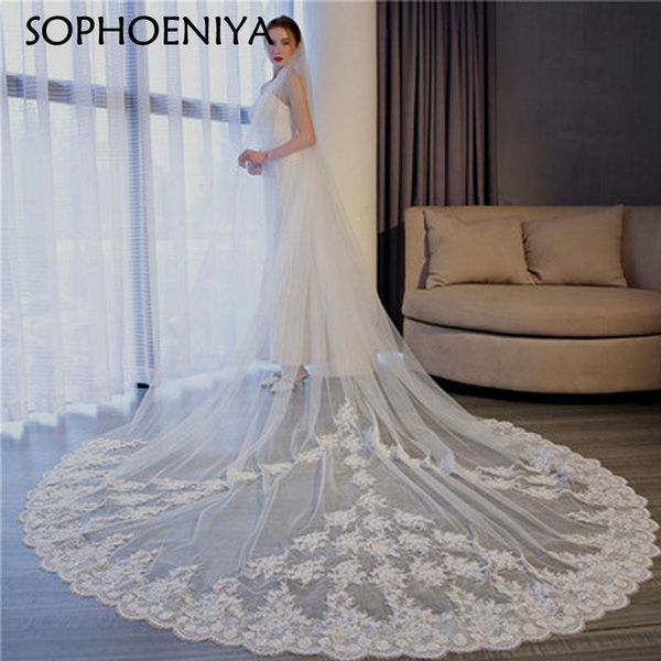 

bridal veils 2021 arrival 3 meters long one-layer tailed wedding dress accessories with comb lace applique, Black