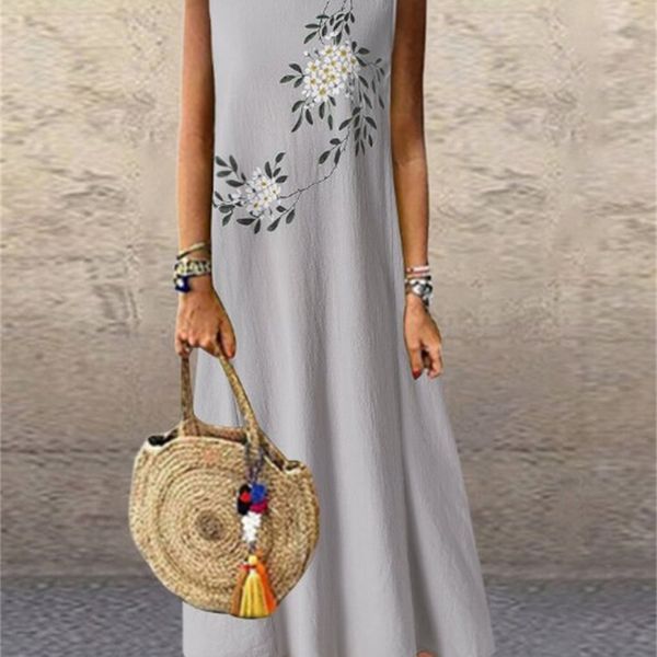 

factorymrqg printed 2021 new cotton linen round neck sleeveless vest dress, White;black