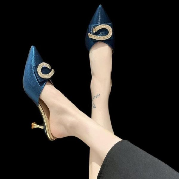 

slippers baotou half solid color simple rhinestone pointed stiletto ladies summer fashion mules., Black