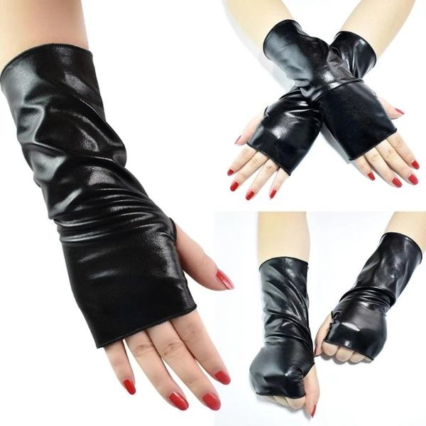 

five fingers gloves ladies punk short fingerless shiny black patent leather halloween costume accessories hip hop prom half finger, Blue;gray
