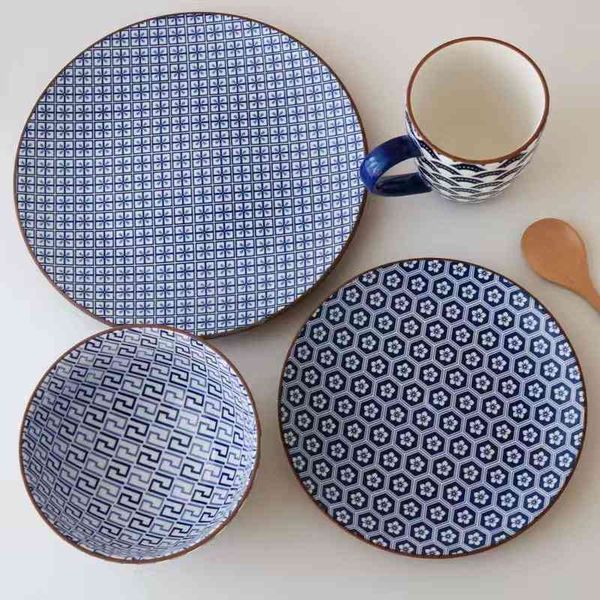 

american ceramic tableware set underglaze blue and white coarse pottery splicing relief texture dinner plate surface bowl