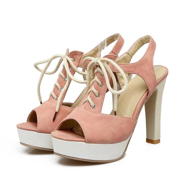 

big size 33-43 summer fashion women solid lace-up platform heels sandals 3 colors, Black