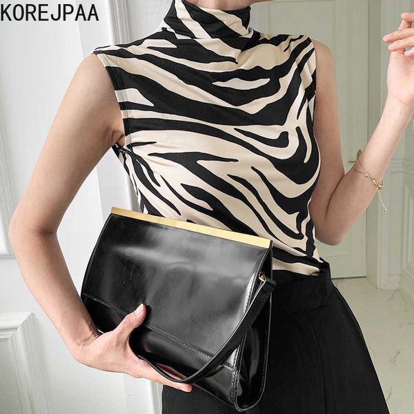 

korejpaa women t-shirt summer korean chic stand-up collar zebra pattern contrast color slim-fit sleeveless knit pullovers 210526, White